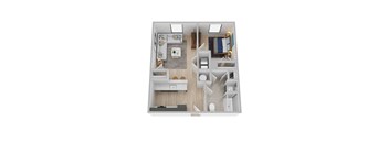 A top down view of a small apartment with a kitchen, living room, and bedroom.