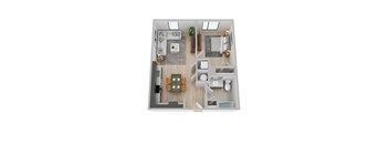 A top-down view of a modern apartment layout with a kitchen, living room, dining area, and bathroom.