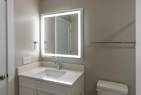 a bathroom with a mirror and a sink and a toilet