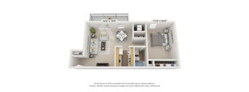 A floor plan of a small apartment with a living room, kitchen, and bedroom.