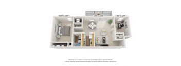 A floor plan of a one bedroom apartment with dimensions.