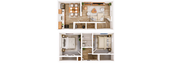 a 3d rendering of a bedroom with a bathroom and a living room