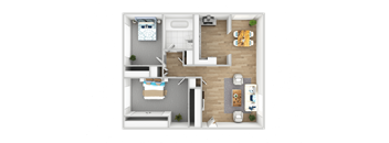A top-down view of a small apartment with a kitchen, living room, and bedroom.