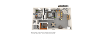 A 3D floor plan of an apartment showing a kitchen, living room, and two bedrooms.