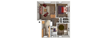 a 3d rendering of a bedroom with a living room and a bathroom