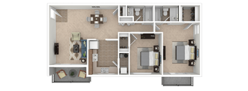 A floor plan of a house with a kitchen, living room, and two bedrooms.