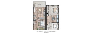 A floor plan of a two bedroom apartment with one and a half bath.