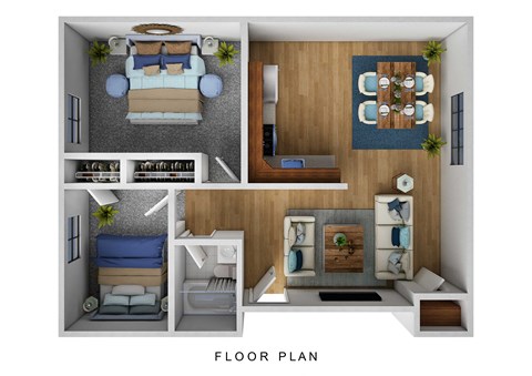 a stylized floor plan with a bedroom and a bathroom