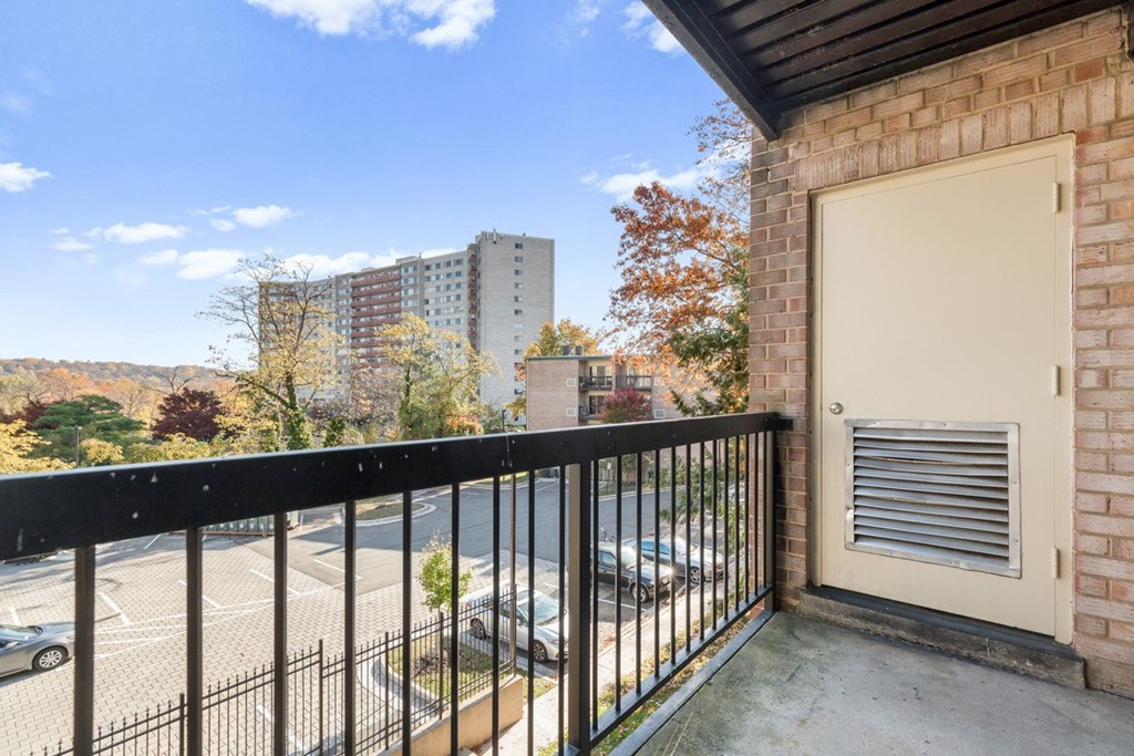 A balcony with a black railing and a white door.