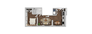 A 3D rendered image of a modern apartment layout.
