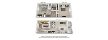 Two floor plans of a house with a kitchen, living room, and bathroom.