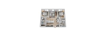 A top-down view of a house layout with a living room, kitchen, and two bedrooms.