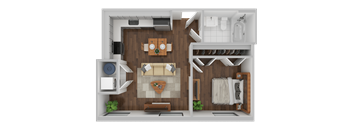A top-down view of a well-organized apartment with a living room, kitchen, and bathroom.