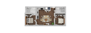 A top-down view of a small apartment with a kitchen, living room, and bedroom.
