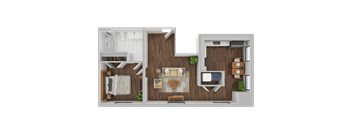 A 3D rendered image of a modern apartment layout.