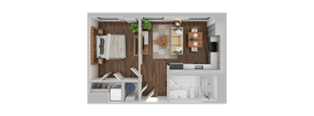 A top-down view of a small, neatly organized apartment with a kitchen, living room, and bathroom.