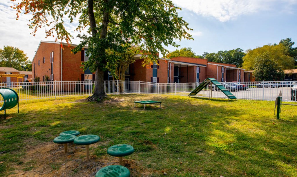 a playground with a tree and a swing set