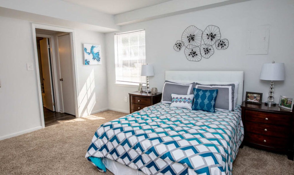 a bedroom with a bed and a closet