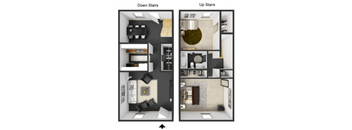 A diagram shows the layout of the rooms in a house with two stories.
