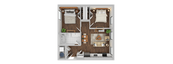 A top-down view of a small apartment with two beds, a kitchen, a living room, and a bathroom.