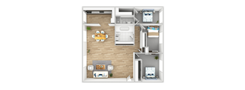 A top-down view of a small apartment layout with a living room, kitchen, and bedroom.