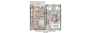 A diagram of a three bedroom apartment with two bathrooms.