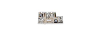 A 3D floor plan of a house with a kitchen, living room, and two bedrooms.