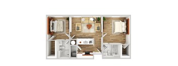A top-down view of a small apartment with a kitchen, living room, and bathroom.