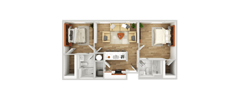 a 3d floor plan of a bedroom with a bathroom and a living room