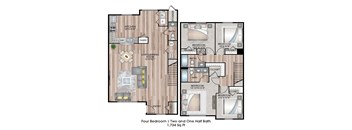 A floor plan of a house with four bedrooms and two bathrooms.