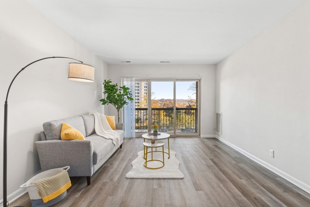 A living room with a grey couch, yellow pillows, and a plant on the windowsill.