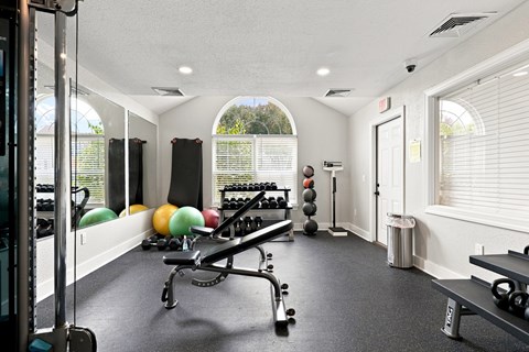 A gym with a row of exercise balls and a bench press.