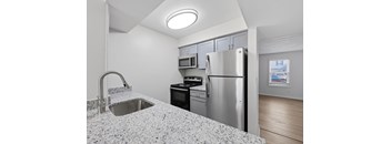 A kitchen with a granite countertop and stainless steel appliances.