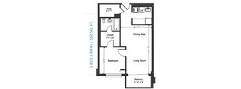 A floor plan of a one bedroom apartment is shown with dimensions.