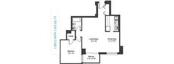 A floor plan of a 1 bedroom apartment sized at 625 square feet.