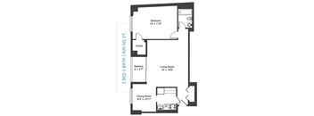 A floor plan of a one bedroom apartment with dimensions.