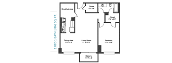 A floor plan of a 1 bed 1 bath 50 ft. long room with a breakfast area, dining area, living room, bedroom, and balcony.