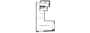 A floor plan of a small apartment with a closet, dining area, and living room/bedroom area.