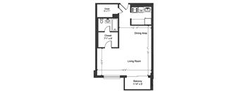 A floor plan of a small apartment with a living room, dining area, and two closets.