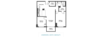 A floor plan of a 2 bedroom, 1 bathroom apartment is shown.