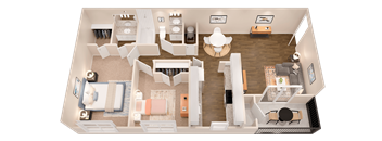 A top-down view of a house interior with a kitchen, living room, and bedrooms.