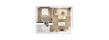 a 3d rendering of a bedroom and living room with a wood floor