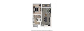 A floor plan of a small apartment with a kitchen, living room, and bathroom.