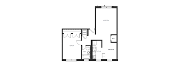 A black and white floor plan of a small apartment with a living room, dining room, kitchen, bathroom, and bedroom.