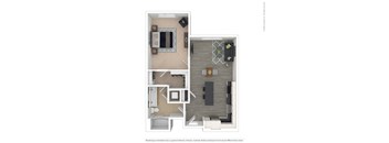 A floor plan of a two-bedroom apartment with a living room, kitchen, and bathroom.