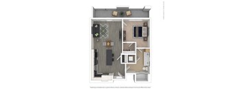 A floor plan of a small apartment with a kitchen, living room, and bedroom.
