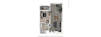A floor plan of a house with a kitchen, living room, and bathroom.