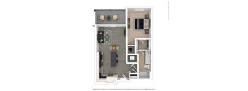 A floor plan of a house with a kitchen, living room, and bathroom.