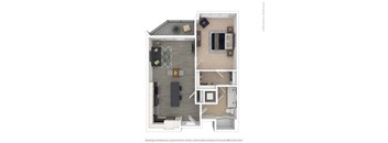 A 3D floor plan of a house with a living room, kitchen, dining room, and bedrooms.