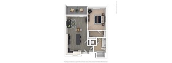 A floor plan of a small apartment with a kitchen, living room, and bedroom.